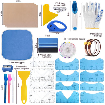 Sublimation Shirts Tool Kits for Vinyl Alignment,Portable Pad for Ironing,T-Shirt Rulers Guide and Teflon Sheet for Cricut Heat Press HTV Vinyl Center Designs,Craft Sewing Accessories