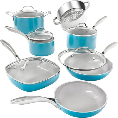 Pots and Pans Set Cookware Set with Nonstick Ceramic Coating Blue 12 Pcs