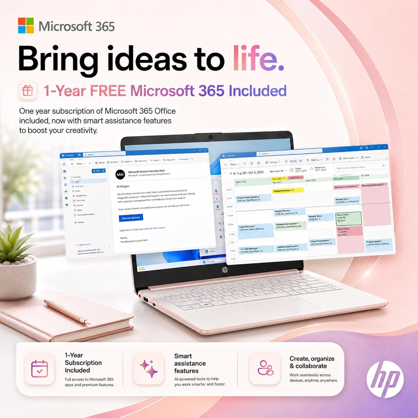 HP Business and Home Laptop, 8GB RAM, 128GB SSD, Intel Processor, Microsoft Office 365 1 Year | No Mouse, Fast Response, Long Battery Life Computer, Rose Gold