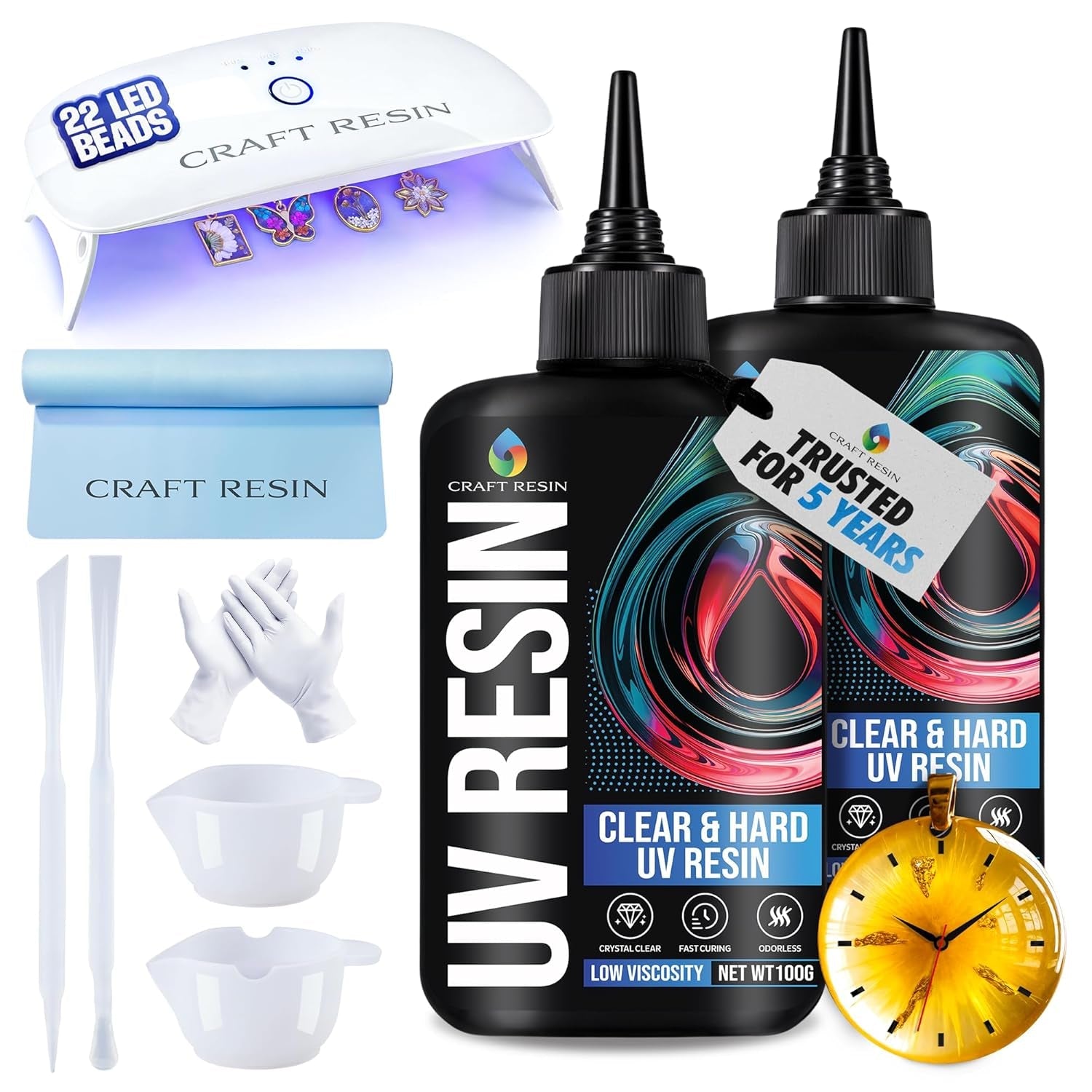 CRAFT RESIN UV Resin Kit with Light - 36W 22 LED Big Lamp and 200G Hard Type Low Viscosity UV Epoxy Resin, Crystal Clear & Non-Yellowing - Starter Kit for Jewelry Making, DIY Crafts & Small Molds