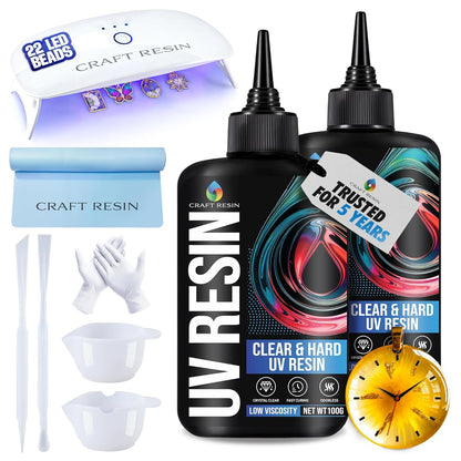 CRAFT RESIN UV Resin Kit with Light - 36W 22 LED Big Lamp and 200G Hard Type Low Viscosity UV Epoxy Resin, Crystal Clear & Non-Yellowing - Starter Kit for Jewelry Making, DIY Crafts & Small Molds