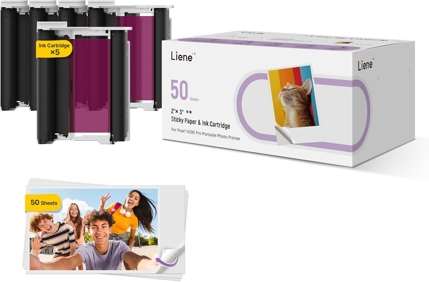 Liene Pearl N200 Pro Portable Photo Printer Photo Paper 50 Sheets & 5 Cartridges, Picture Printer Sticker Paper Adhesive, Waterproof, Smudge Proof, Photo Paper Only for DMP130 for Scrapbook