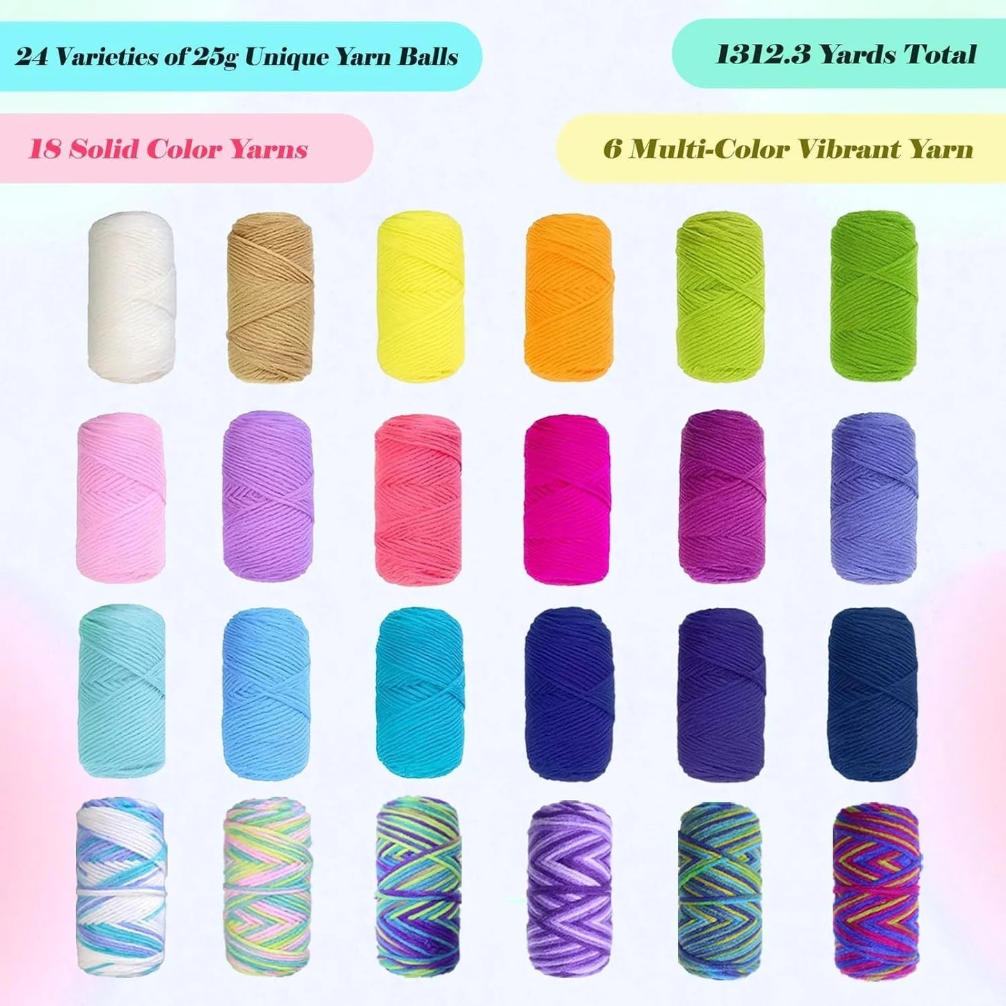 Yarniss Crochet Yarn Kits, 1312 Yards Acrylic Crochet Yarn for Crafts,24 Colors Knitting Yarn Skeins with 4.0Mm Crochet Hook