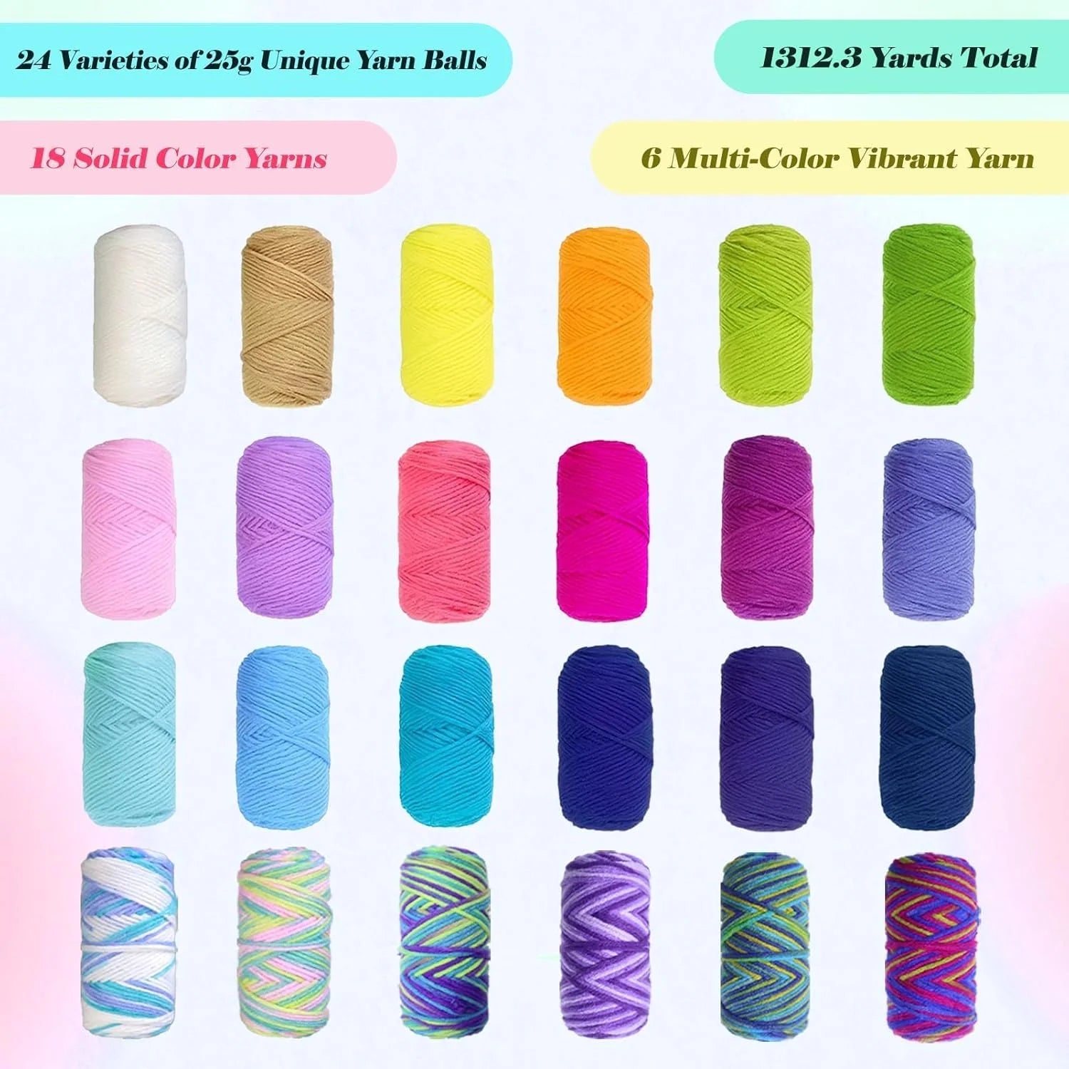 Yarniss Crochet Yarn Kits, 1312 Yards Acrylic Crochet Yarn for Crafts,24 Colors Knitting Yarn Skeins with 4.0Mm Crochet Hook