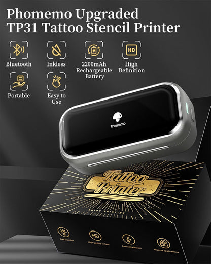 Phomemo TP31 Wireless Tattoo Stencil Printer with 30Pcs Transfer Paper, Compatible with Phone & Tablet, Bluetooth Mini Thermal Tattoo Printer Machine for Tattoo Artists & Beginners, 3 Inch, Black
