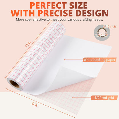 Transfer Tape for Vinyl - 12" X 30 Feet Clear W/Red Alignment Grid Medium Tack Vinyl Transfer Tape Perfect for Cameo Self Adhesive Vinyl for Signs Stickers Decals Walls Doors & Window