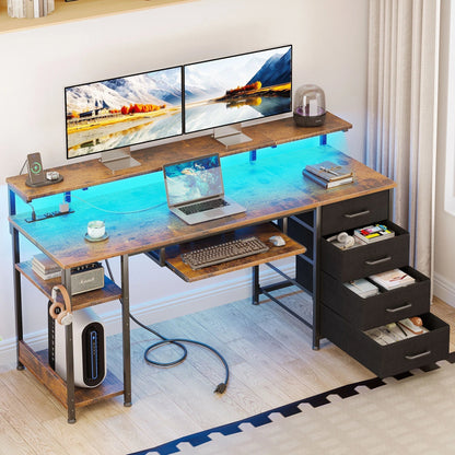55 Inch Office Desk with Power Outlet and Adjustable Monitor Stand, Computer Desk with Fabric Drawer and Keyboard Tray, Gaming Desk with LED Light & PC Stand, Vintage