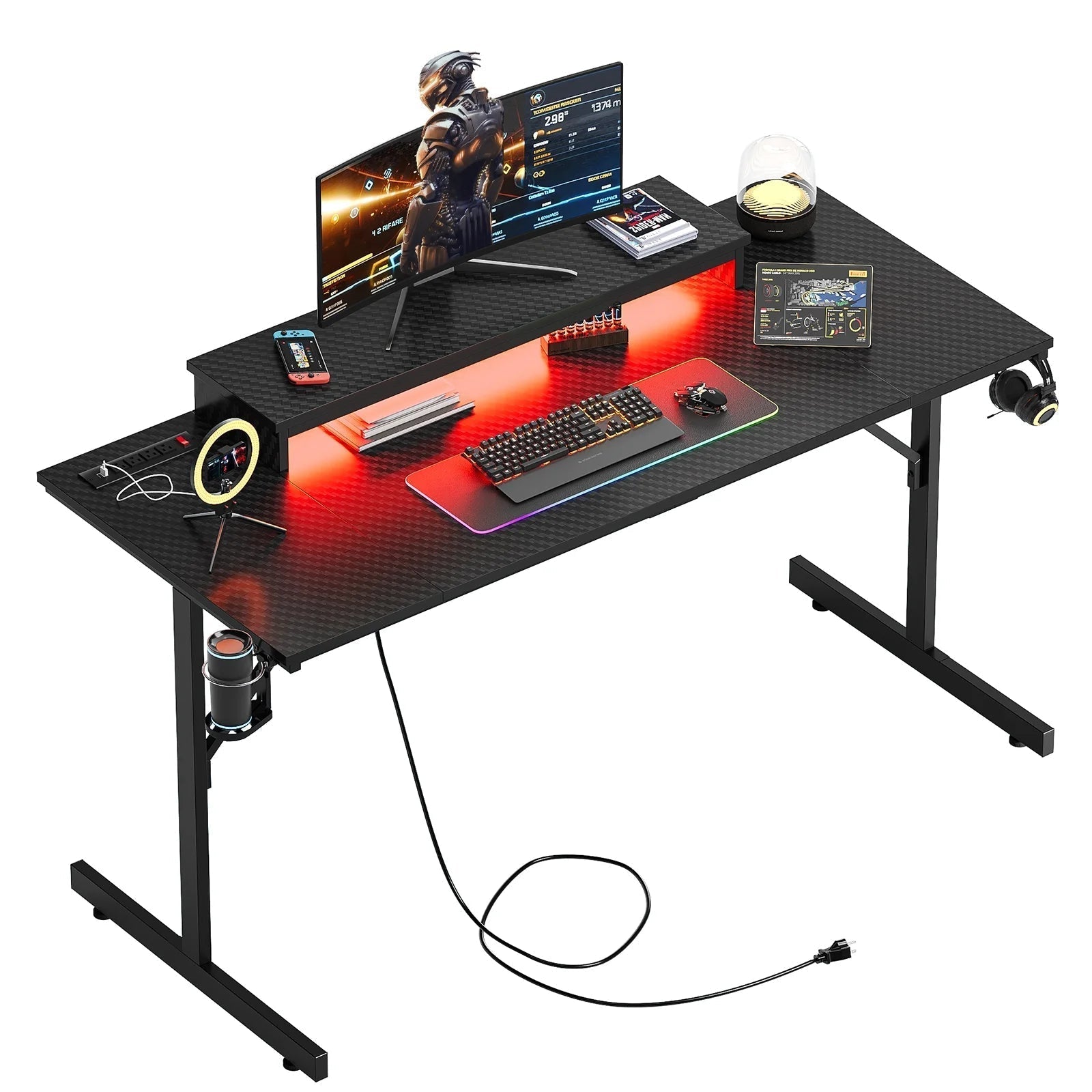 52 Inch Gaming Desk with Power Strip and LED Monitor Stand, Small Computer Desk for Home Office, Carbon Fiber Black