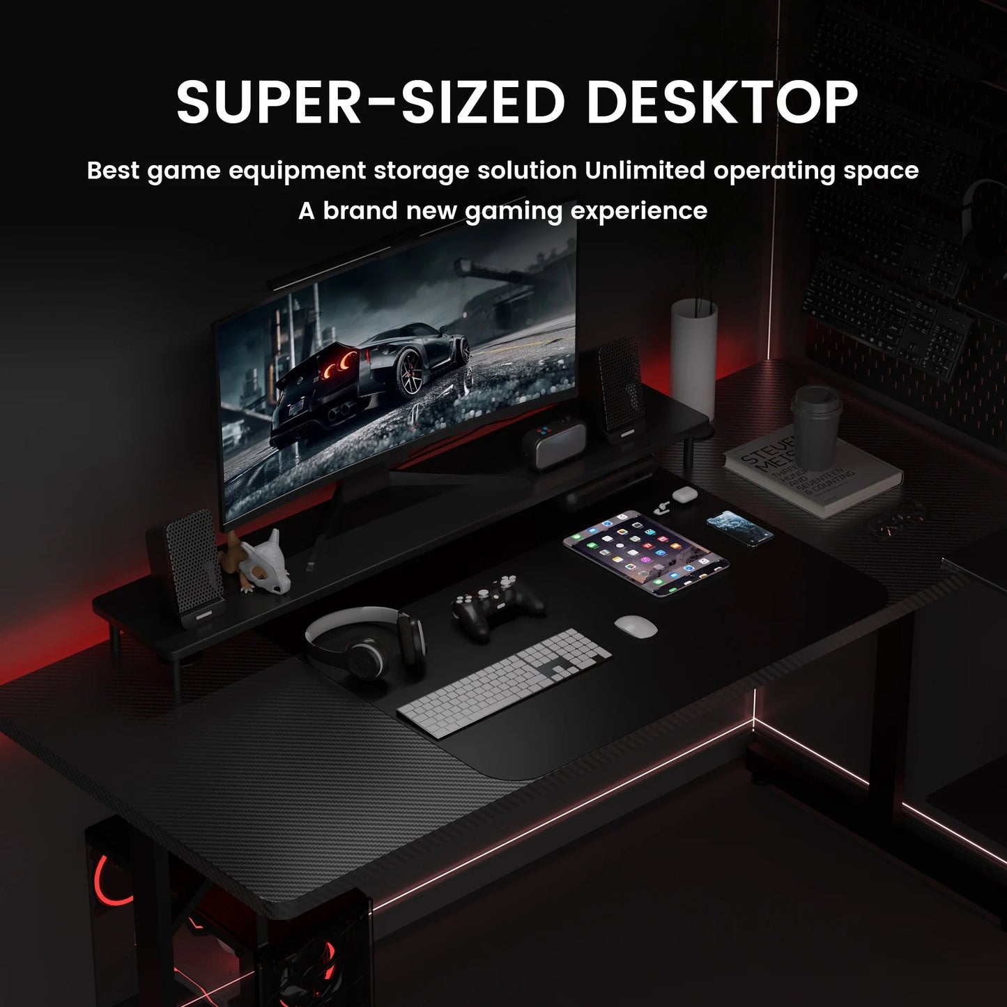 55" Large RGB Gaming Computer Desk with Mouse Pad, Black
