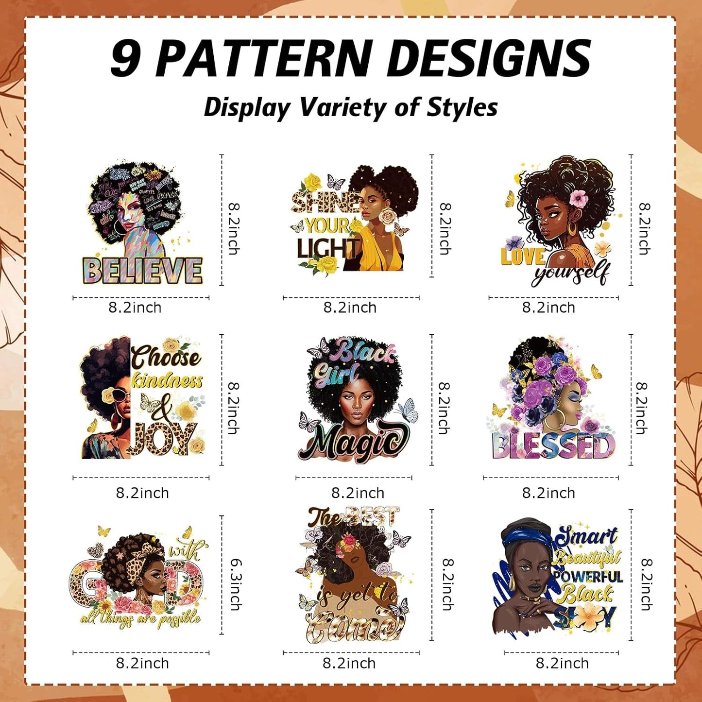 Dtf Transfers Ready to Press - 9 Pcs Black Girl Iron on Transfers for T-Shirts Heat Transfer Vinyl Stickers African Black Women Iron on Patches Decals for Clothes Bag Pillow DIY Fabric Decor