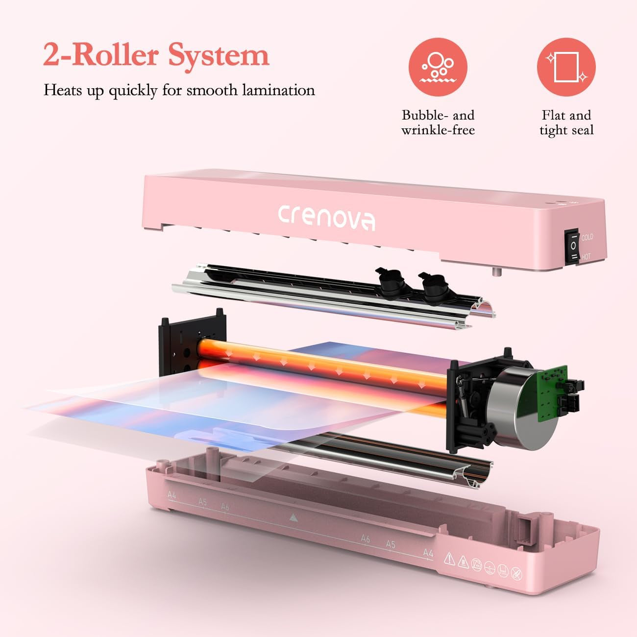 Crenova Laminator Machine with 10 Laminating Sheets, A4 Laminating Machine | Hot & Cold with Fast Warm Technology, Thermal Laminator 9 Inch for Home Office School Business Pink