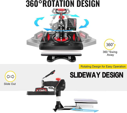 WHUBEFY Upgraded Heat Press Machine for Shirts 15 X 12 Inch T Shirt Press Machine 360-Degree Swing Digital Shirt Printing Heat Transfer Sublimation Machine 5 in 1 Combo for T Shirts Mugs Hat Plate Cap