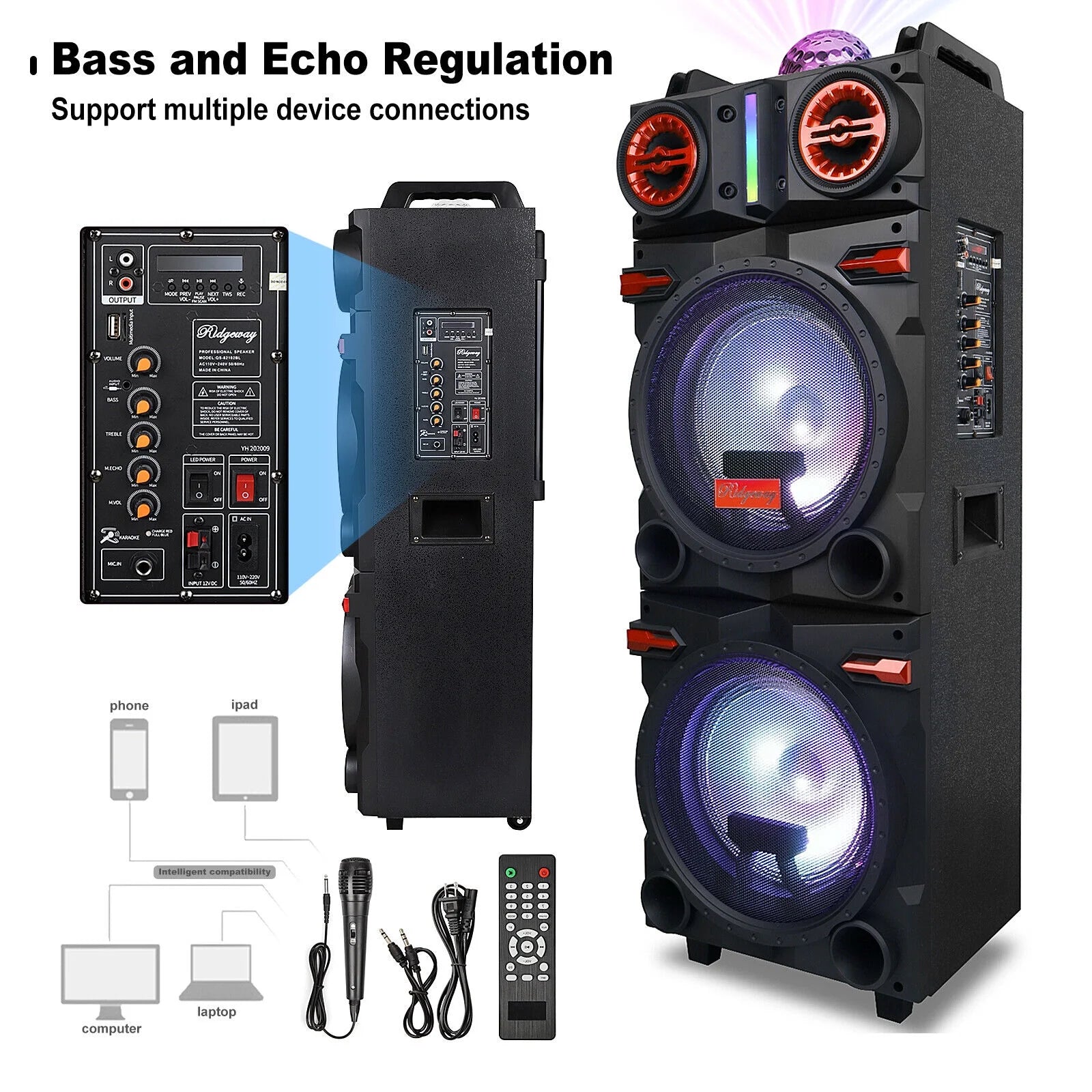 4,500W Bluetooth Speaker Rechargable Dual 10" Woofer Party FM Karaok DJ LED AUX