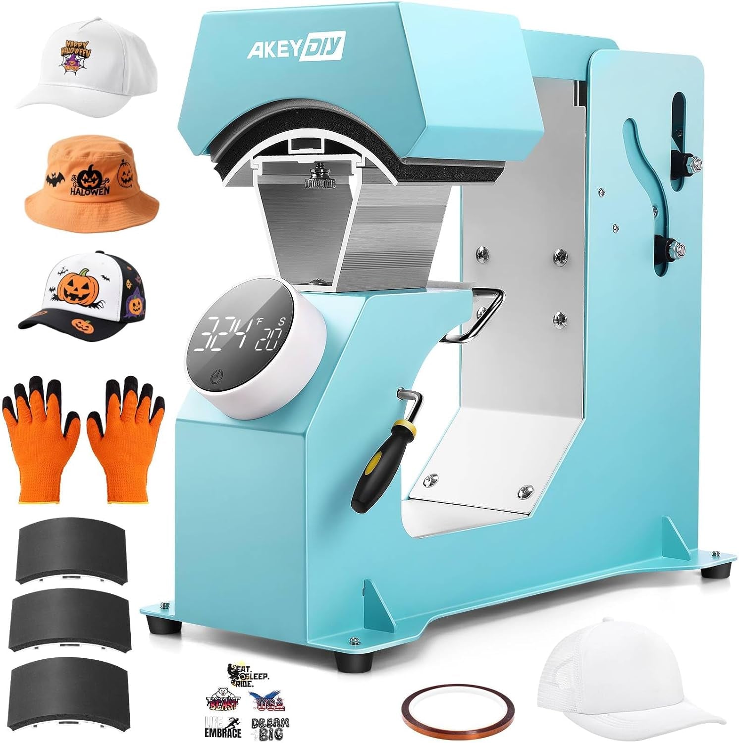 AKEYDIY 3-In-1 Auto Cap Heat Press Machine, Hat Heat Press with 3Pcs Replaceable Heating Pads, Automatic Release&Press Knob-Style Digital Control Panel, DIY Sublimation Caps T-Shirts Bags