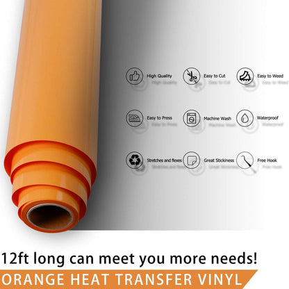 Orange HTV Heat Transfer Vinyl Roll- 12" X 12FT Orange HTV Vinyl for Shirts - Easy to Cut & Weed Iron on Vinyl for Clothes(Orange)