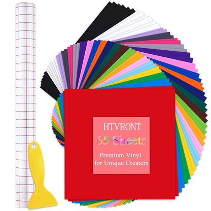 65 PCS Permanent Adhesive Vinyl Sheets Include 55 Sheets 12" X 12" Vinyl Bundles & 10 Transfer Tape Sheets for Cricut