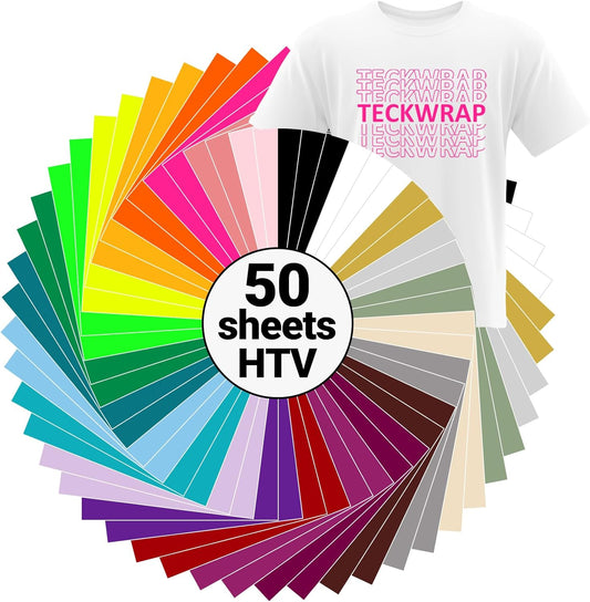HTV Heat Transfer Vinyl Bundle: 50 Pack 12"X10" PU Iron on Vinyl Sheets, 24 Assorted Colors for T-Shirts. Compatible with All Cutters & Heat Press Machines. Easy to Cut & Weed