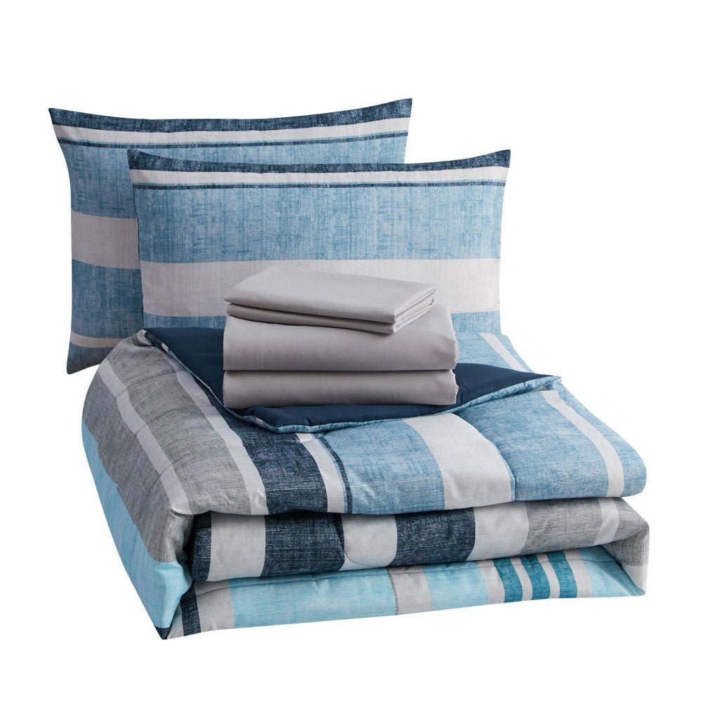 Blue Stripe Reversible 5-Piece Bed in a Bag Comforter Set with Sheets, Twin XL