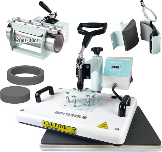 Bettersub 5 in 1 Heat Press Machine 12X15 Inch, Industrial-Quality Sublimation Press with 30Oz Tumbler Attachment & Curved Hat Plate, 360° Swivel Design for T-Shirts, Vinyl, DTF Film - Teal