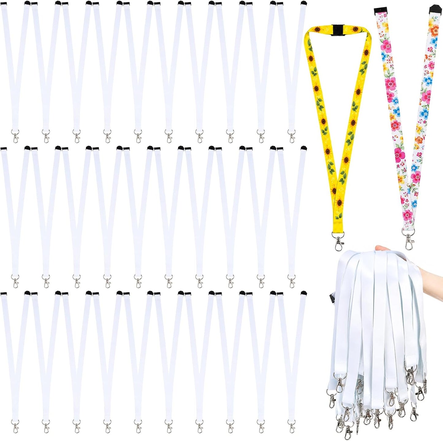 Yesland 50 Pack Sublimation Blank Lanyards - White Heat Transfer Neck Lanyards with Detachable Buckles & Metal Hooks for ID Badge Holder, Keys, Custom DIY Design