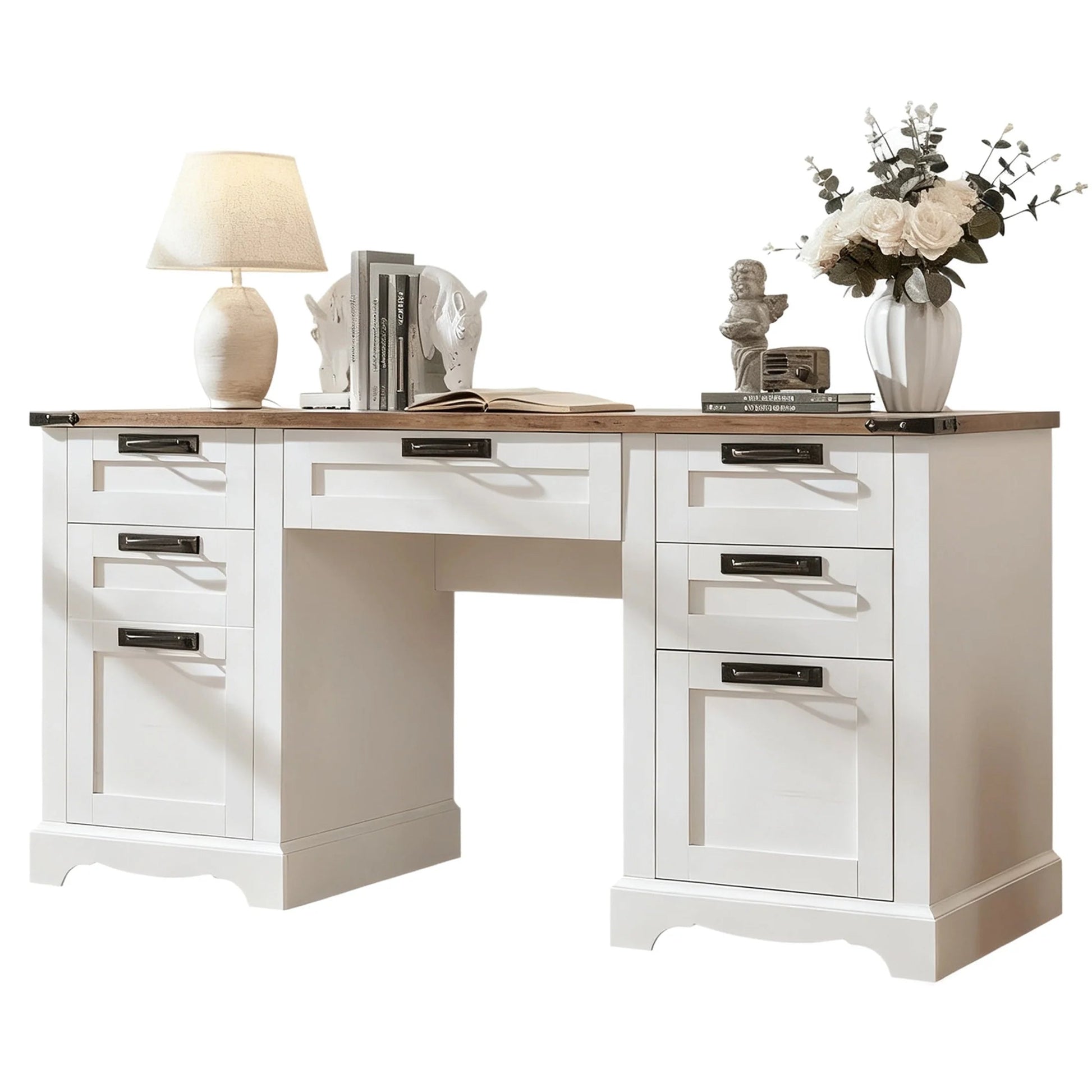 Wood Computer Writing Desk Farmhouse Executive Desk, Rustic Office Desk with Charging Station and Keyboard Tray,Home Workstations with File Drawer, Storage Cabinet, White