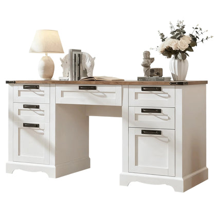 Wood Computer Writing Desk Farmhouse Executive Desk, Rustic Office Desk with Charging Station and Keyboard Tray,Home Workstations with File Drawer, Storage Cabinet, White
