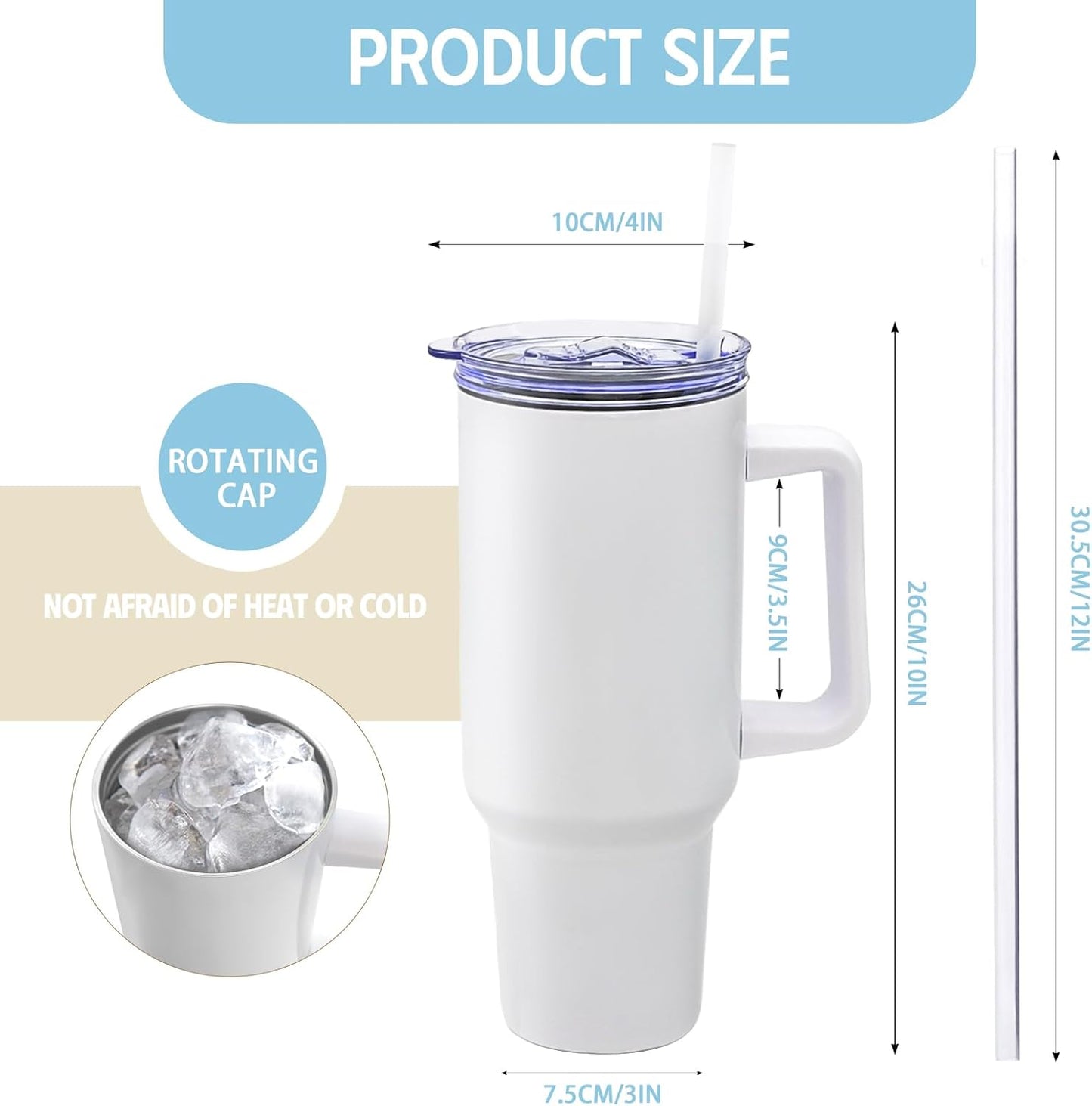 8 Pack Sublimation Tumblers 40Oz with Handle Blanks Stainless Steel Insulated Large Tumbler Bulk Coffee Travel Cups for Tumbler Heat Press Sublimation Oven Printing, White