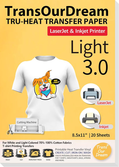Transourdream Tru-Heat Transfer Paper for Inkjet & Laserjet Printer (20 Sheets 8.5X11, 3.0) Printable HTV Heat Transfer Vinyl for T Shirts Iron on Transfers for Light Fabrics (TRANS-L3-1-20)