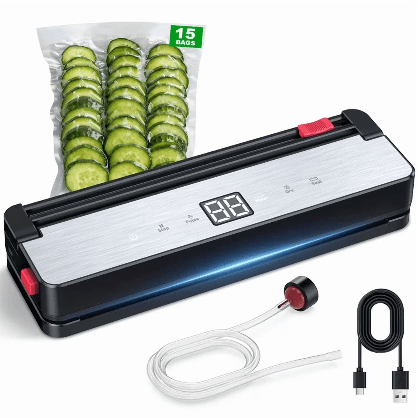 TINANA Cordless Vacuum Sealer Machine, 75Kpa Food Vacuum Sealer with 4000Mah Rechargeable Battery, Portable Food Saver, Dry & Moist Modes, 15 Bags