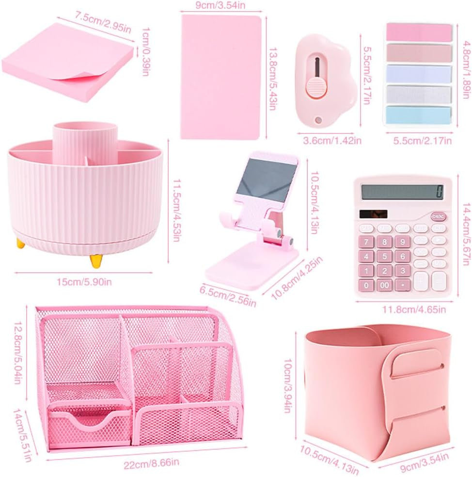 Pink Desk Organizers and Accessories with Desk Organizer 360° Rotating Pen Holder and Office Supplies, 19Pcs Cute Stationery Supplies Set