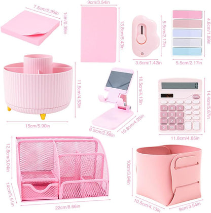 Pink Desk Organizers and Accessories with Desk Organizer 360° Rotating Pen Holder and Office Supplies, 19Pcs Cute Stationery Supplies Set