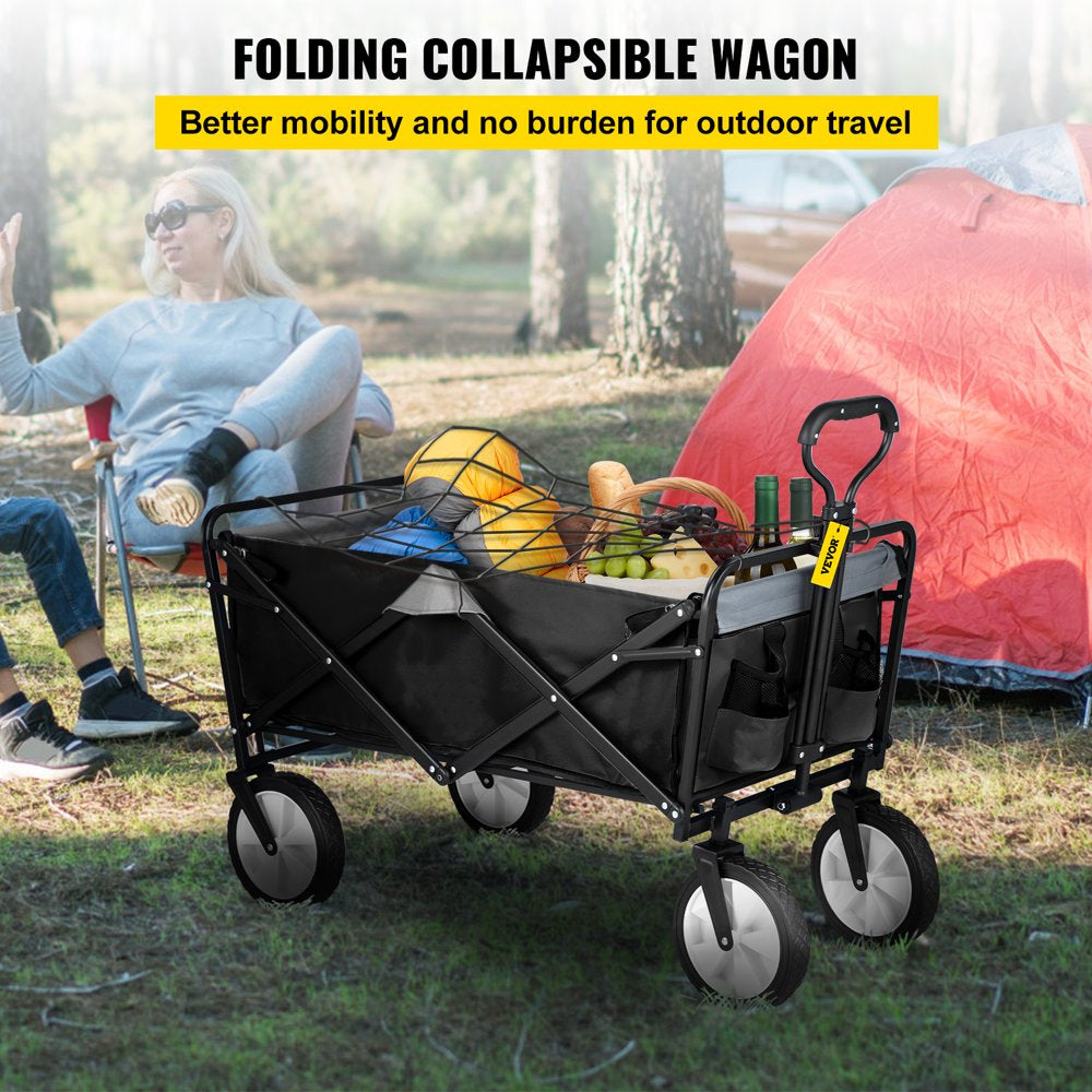 brand Collapsible Wagon Cart ,Folding Wagon Cart , 176 Lbs Load Beach Wagon Oversized Wheels, Portable Folding Wagon Adjustable Handles for Beach, Garden, Sports, Camping, Black & Gray