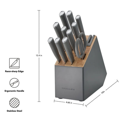 Classic 12-Piece Japanese Steel Knife Block Set with Built-In Knife Sharpener, Charcoal Gray