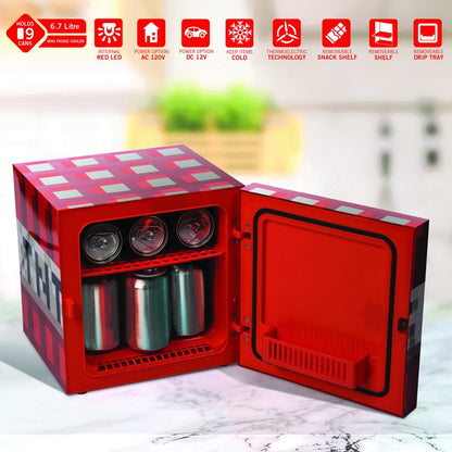 Red TNT X9 Can Mini Fridge 6.7L X1 Door Ambient LED Lighting 10.4 in H 10 in W 10 in D