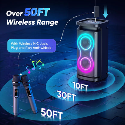 Portable Party Speaker with Loud Sound and Microphone Jack, IPX7 Wireless Outdoor Bluetooth Speaker Support USB TF AUX, for DJ, Karaoke Night, Indoor and Outdoor Party