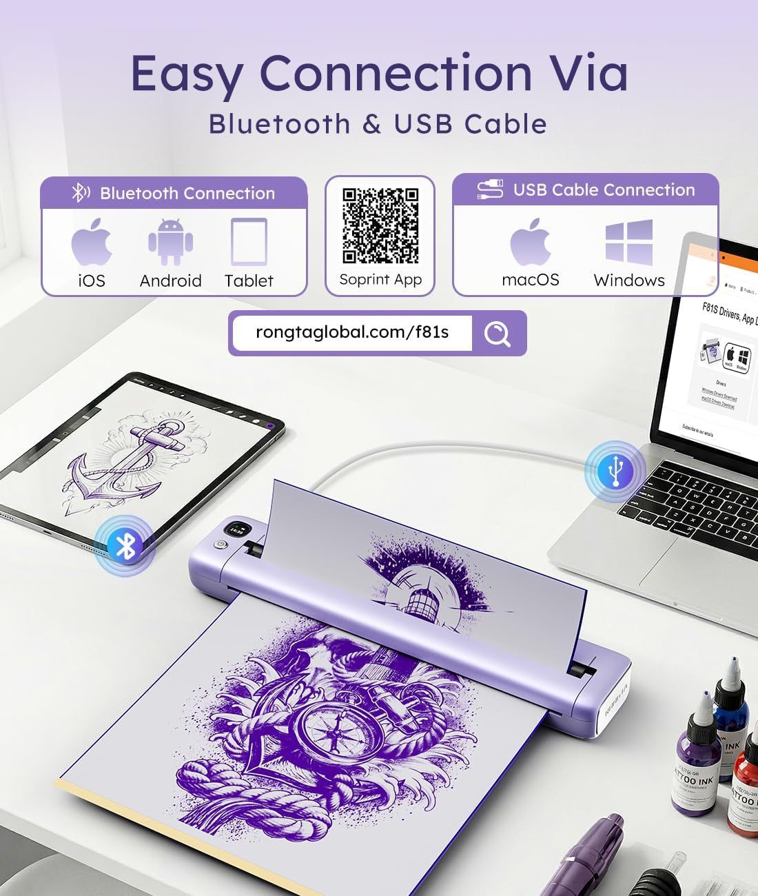 Rongta Tattoo Stencil Printer, F81S Wireless Thermal Tattoo Machine with 5Pcs Transfer Paper, Compatible with Phone/Tablet/Pc/Laptop, Bluetooth Tattoo Printer for Tattoo Artist & Beginner, Purple