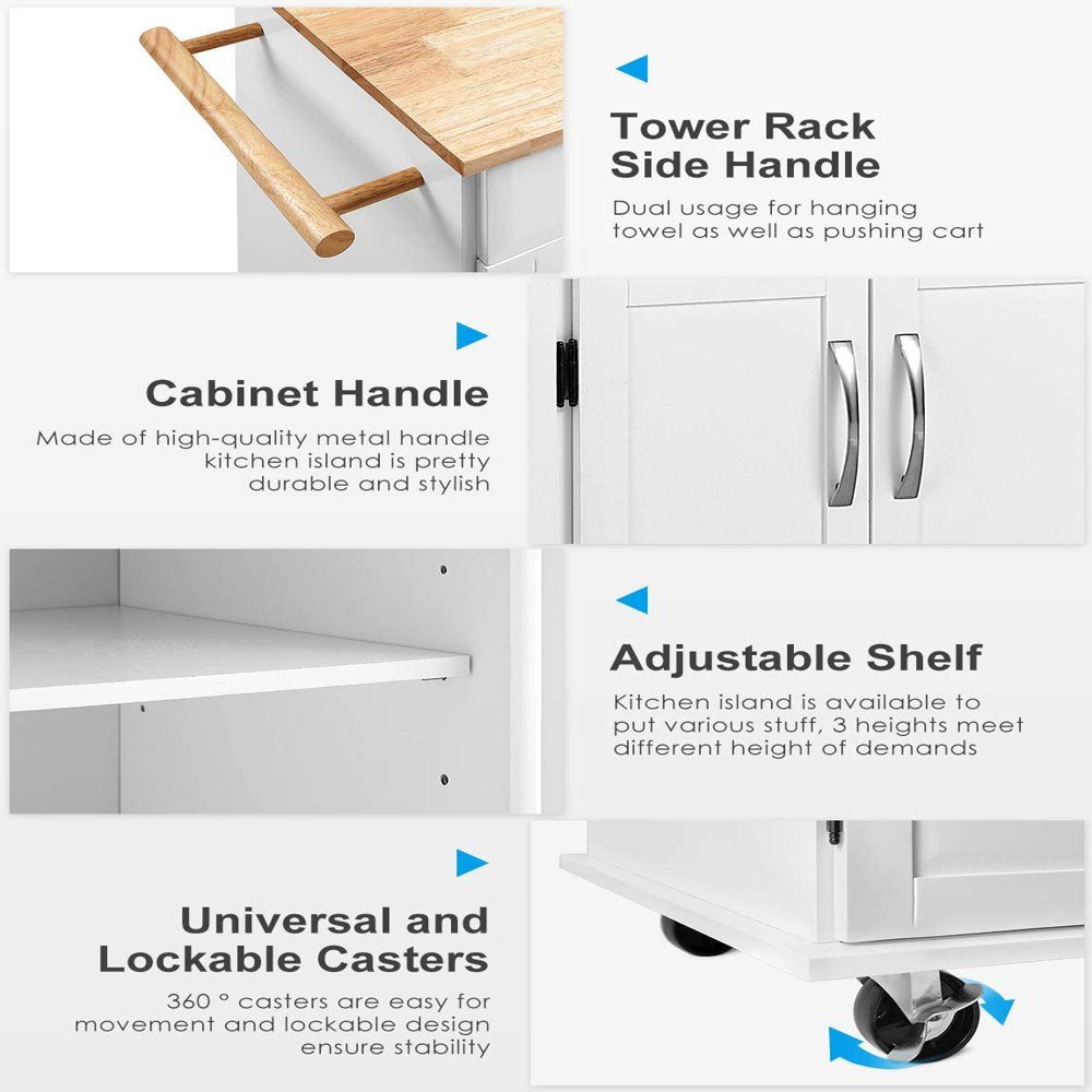 41'' Kitchen Island on Wheels, Rolling Island Cart with Lockable Casters, Handle Towel Rack and 2 Drawers, White