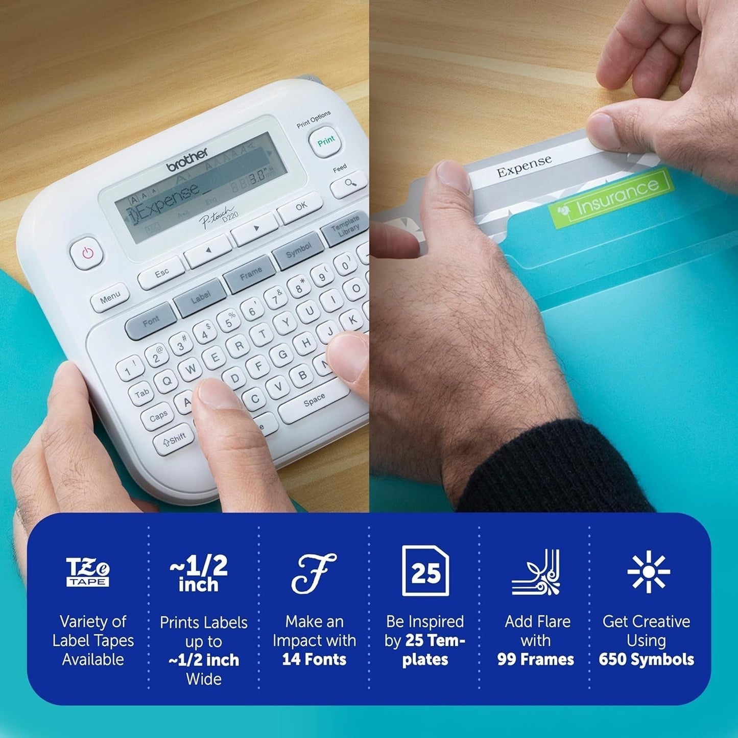P-Touch PTD220 Home/Office Everyday Label Maker | Prints Tze Label Tapes up to ~1/2 Inch White