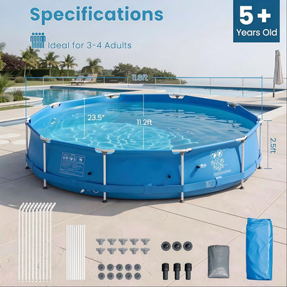 12Ft X 30In round above Ground Swimming Pool with Iron Frame & Pool Cover, 3-Layer PVC Mesh, Blue