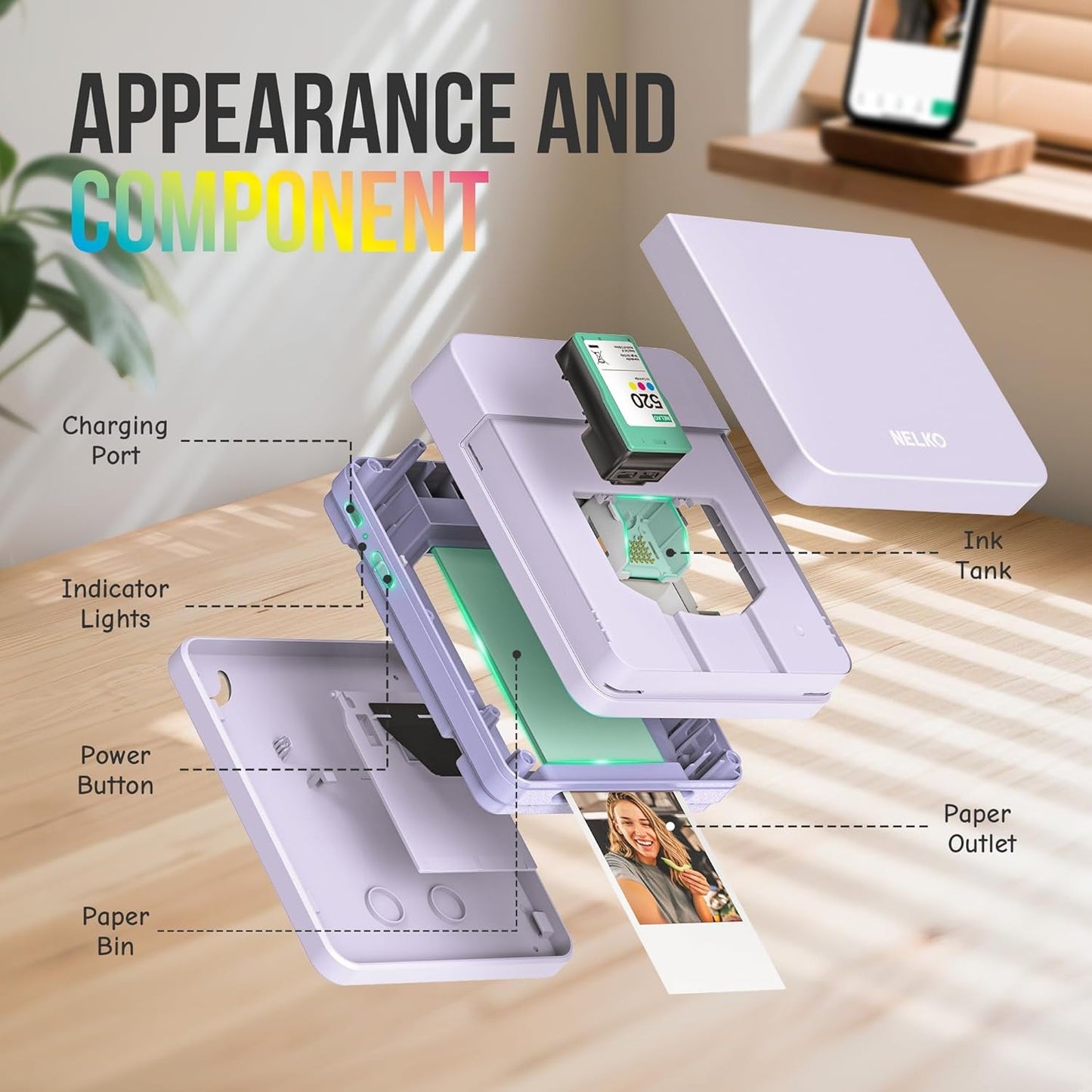 Nelko Photo Printer, PP01 Color Mini Portable Printer, Instant Smartphone Inkjet Printer, Sticky-Back Rechargeable Portable Picture Printer for Ios & Android Family, Purple