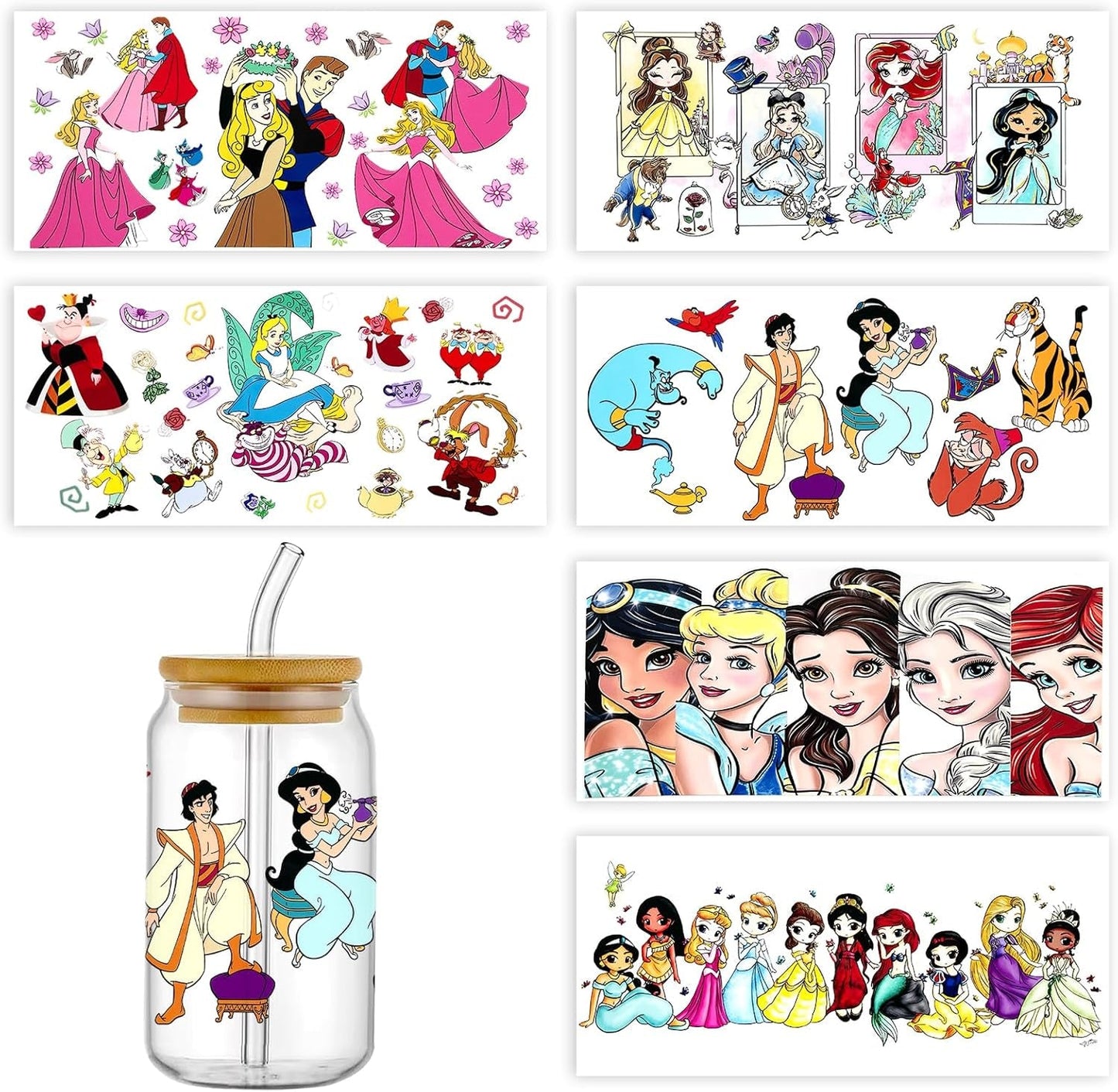 6Sheets Cartoon UV DTF Cup Wrap Transfer Stickers for 16Oz Glass Cups, Rub on Transfers for Crafts Cup Decal Stickers (Princess)