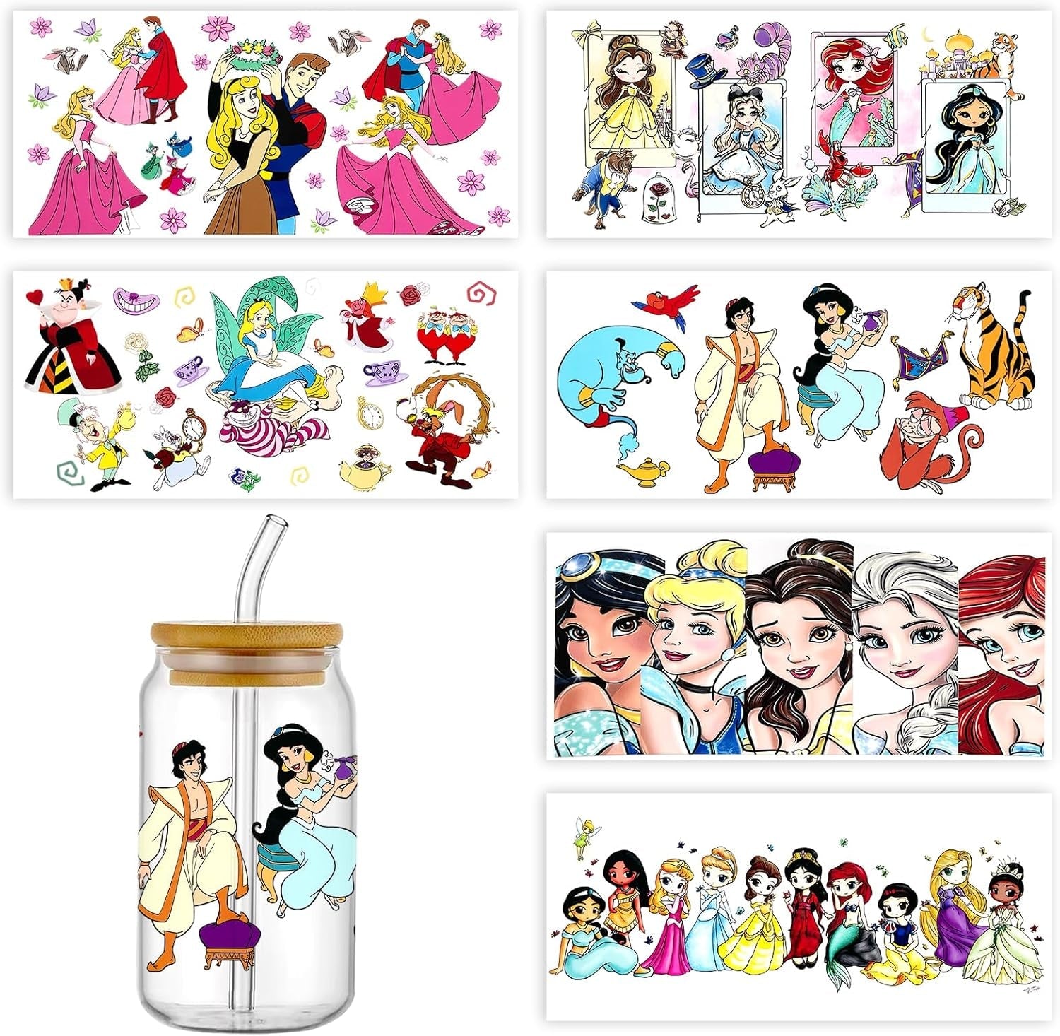 6Sheets Cartoon UV DTF Cup Wrap Transfer Stickers for 16Oz Glass Cups, Rub on Transfers for Crafts Cup Decal Stickers (Princess)