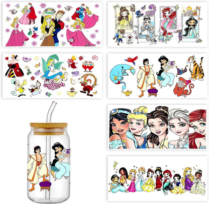 6Sheets Cartoon UV DTF Cup Wrap Transfer Stickers for 16Oz Glass Cups, Rub on Transfers for Crafts Cup Decal Stickers (Princess)