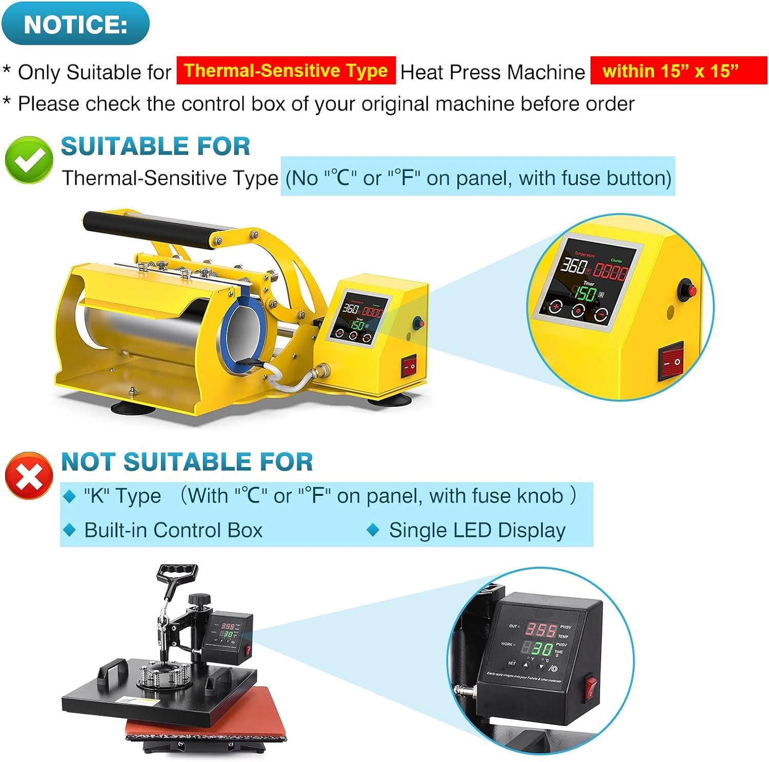 Thermal Sensitive Type Heat Press Machine Digital Control Box, 110V 1400W Heat Press Control Box Replacement with Temperature & Timing Dual Display for 15”X15” Thermal Heat Press Machine