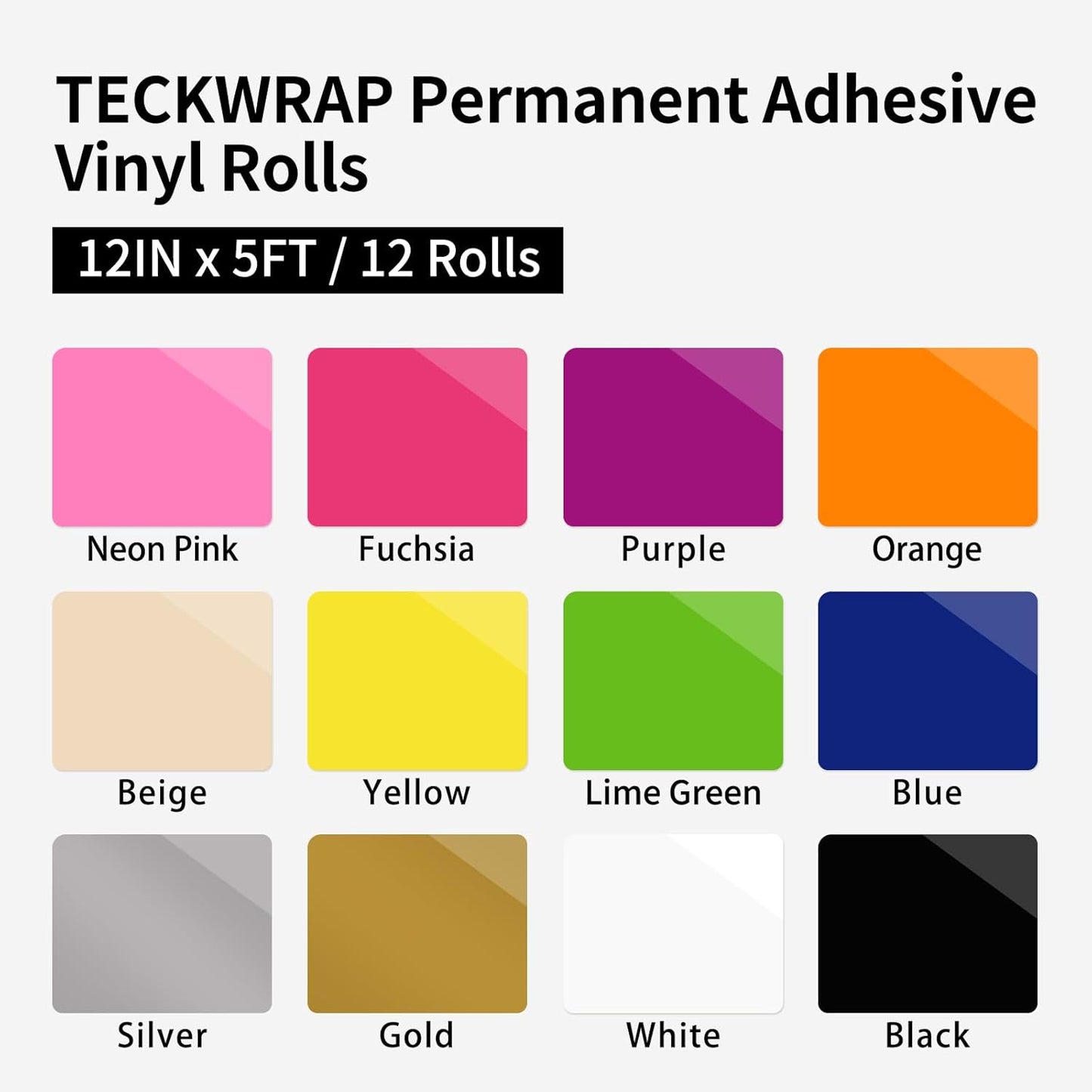 Permanent Vinyl, Rainbow Sampler - 12In X 5Ft Rolls 12 Colors Permanent Adhesive Vinyl Rolls for Cricut, Silhouette, Cameo Cutters, Signs, Scrap-Booking, Craft, Die Cutters