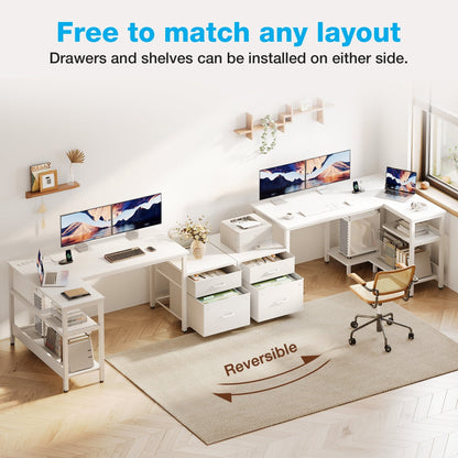L Shaped Desk with Power Outlets, Large Computer Desk with File Drawer, Home Office Desk with Printer Stand & Storage Shelves, Corner Desk, White