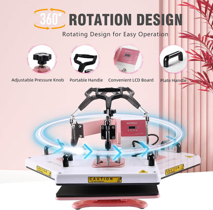 Bettersub 5 in 1 Heat Press Machine 12X15 Inch, Industrial-Quality Sublimation Press with 30Oz Tumbler Attachment & Curved Hat Plate, 360° Swivel Design for T-Shirts, Vinyl, DTF Film - Pink