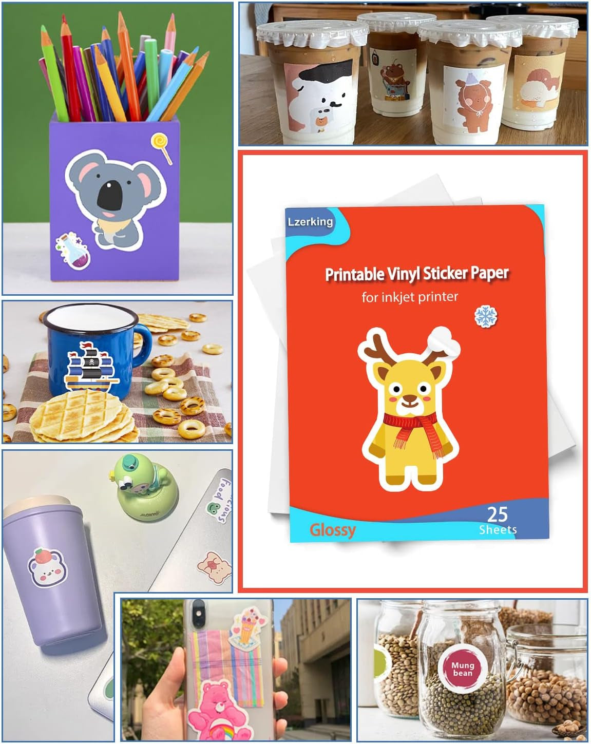 Lzerking Printable Vinyl Sticker Paper for Inkjet Printer - 25 Sheets Glossy White Self-Adhesive Waterproof Decal Sticker Paper - 8.5X11 Inches Dries Quickly Vivid Colors DIY Crafts