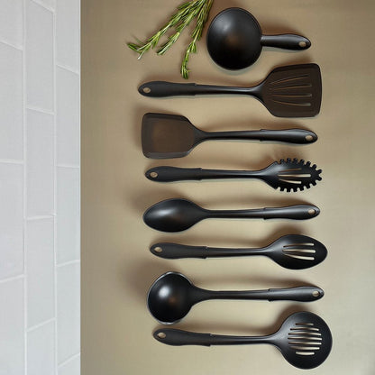 8-Piece Nylon Kitchen Utensil Set with Connector Ring, Black Plastic