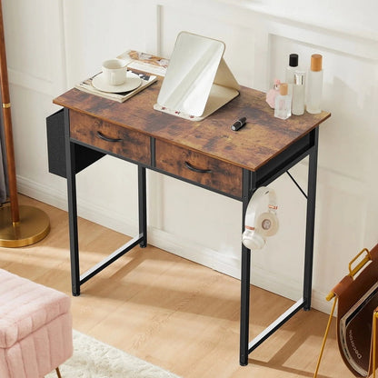 32 Inch Desk with 2 Drawers Home Office Computer PC Table with Fabric Storage Bag, Study Writing Wood Deskboard for Small Spaces,Rust Brown